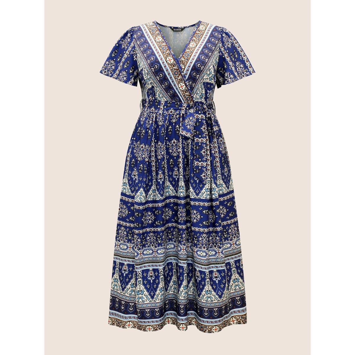 Plus Size Bandana Print Wrap Gathered Maxi Dress Navy Women Resort Belted V-neck Short sleeve Curvy BloomChic 26/4X Product Image