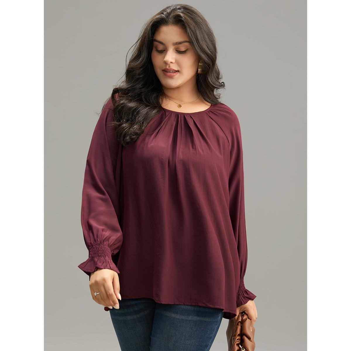 Plus Size Burgundy Supersoft Essentials Plain Plicated Detail Ruffle Trim Blouse Women Office Long Sleeve Round Neck Work Blouses BloomChic 18-20/2X Product Image