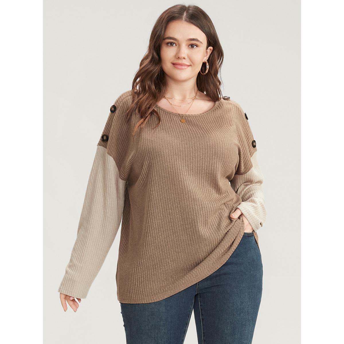Plus Size Colorblock Contrast Button Detail Rib Knit Sweatshirt Women LightBrown Casual Contrast Round Neck Dailywear Sweatshirts BloomChic 18-20/2X Product Image