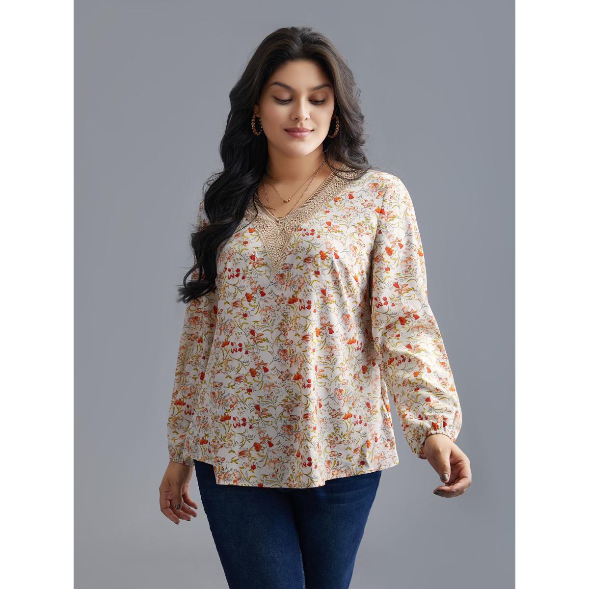 Plus Size Multicolor V Neck Ditsy Floral Contrast Webbing Blouse Women Elegant Long Sleeve V-neck Everyday Blouses BloomChic 12/L Product Image