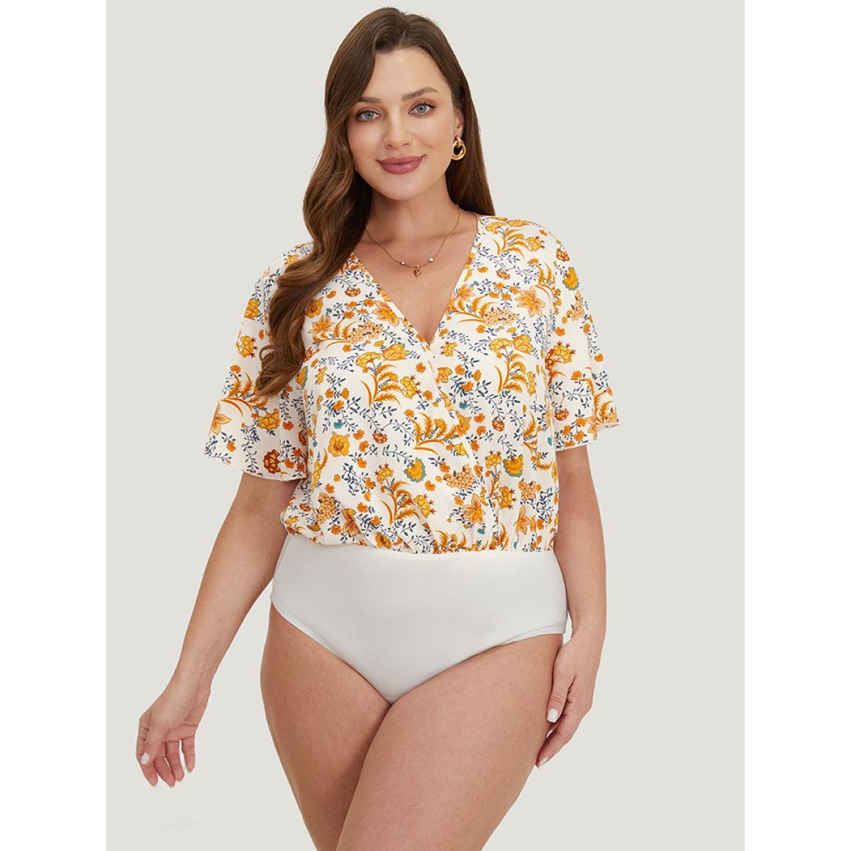 Plus Size Plants Print Patchwork Surplice Neck Bodysuit Women Chocolate Plants Wrap Bodysuits BloomChic 22-24/3X Product Image