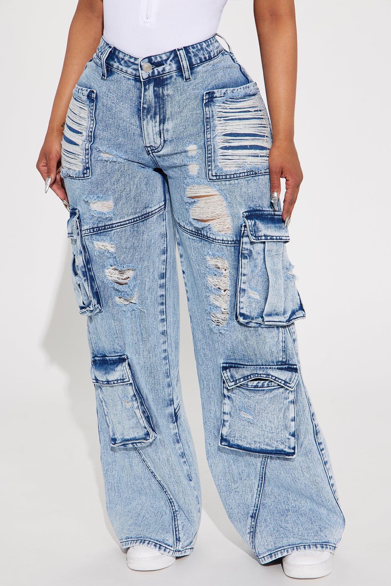 Proving It Ripped Baggy Cargo Jeans - Medium Wash Product Image