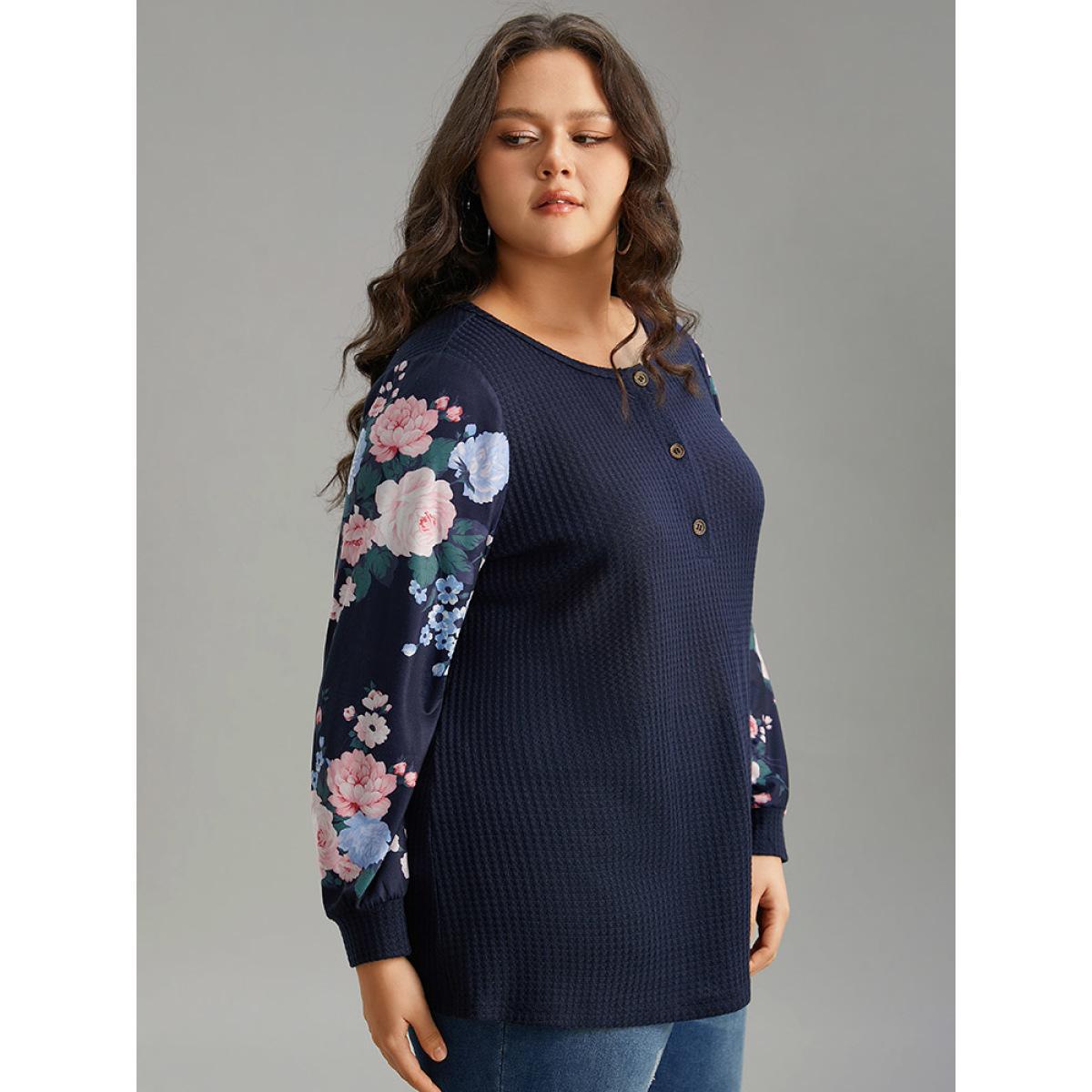 Plus Size Waffle Knit Floral Patchwork Button Up T-shirt Blue Women Casual Printed Floral Open Front Loose Dailywear T-shirts BloomChic 10/M Product Image