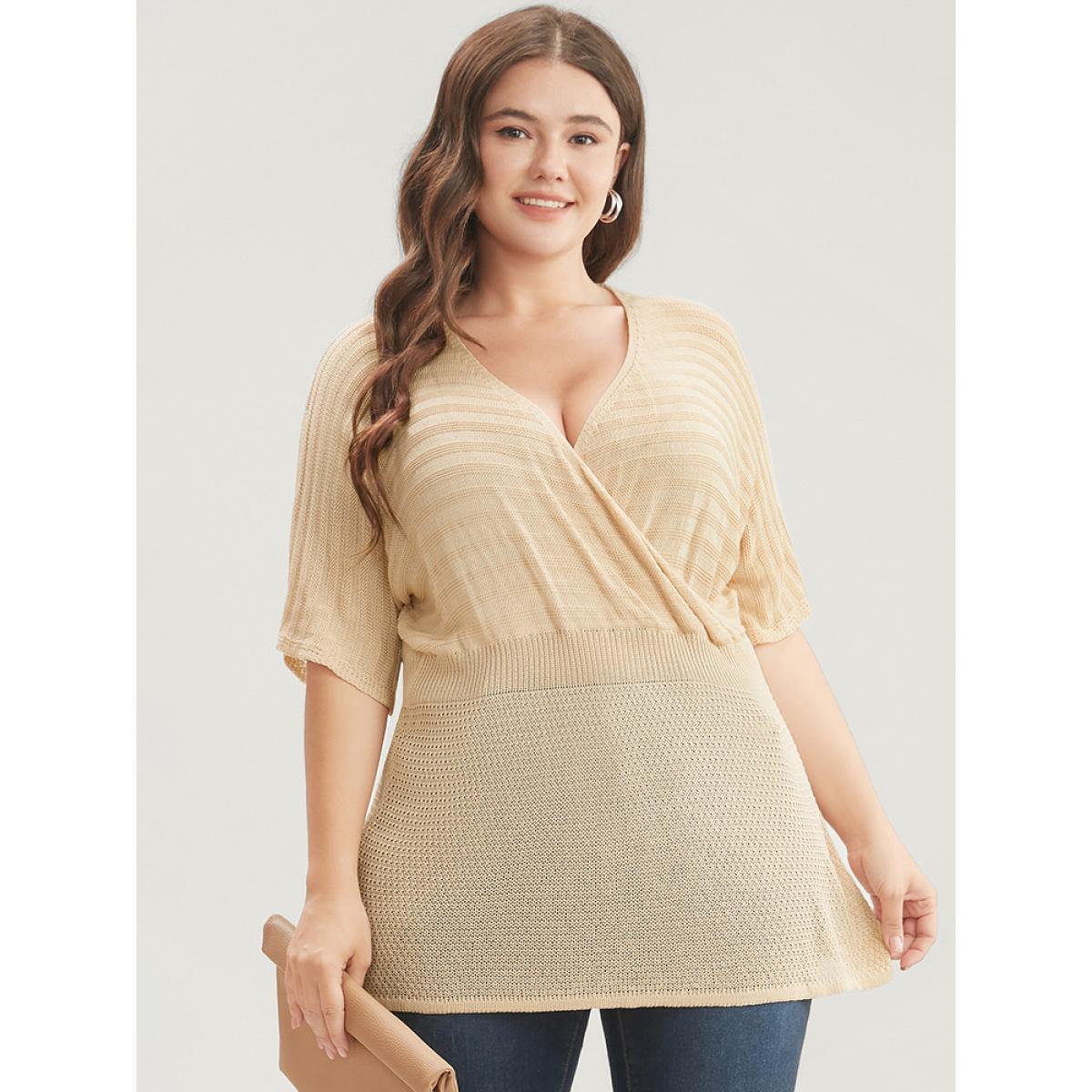 Plus Size Plain Dolman Sleeve Wrap Knit Top Champagne Women Casual Short sleeve V-neck Dailywear Pullovers BloomChic 18-20/2X Product Image