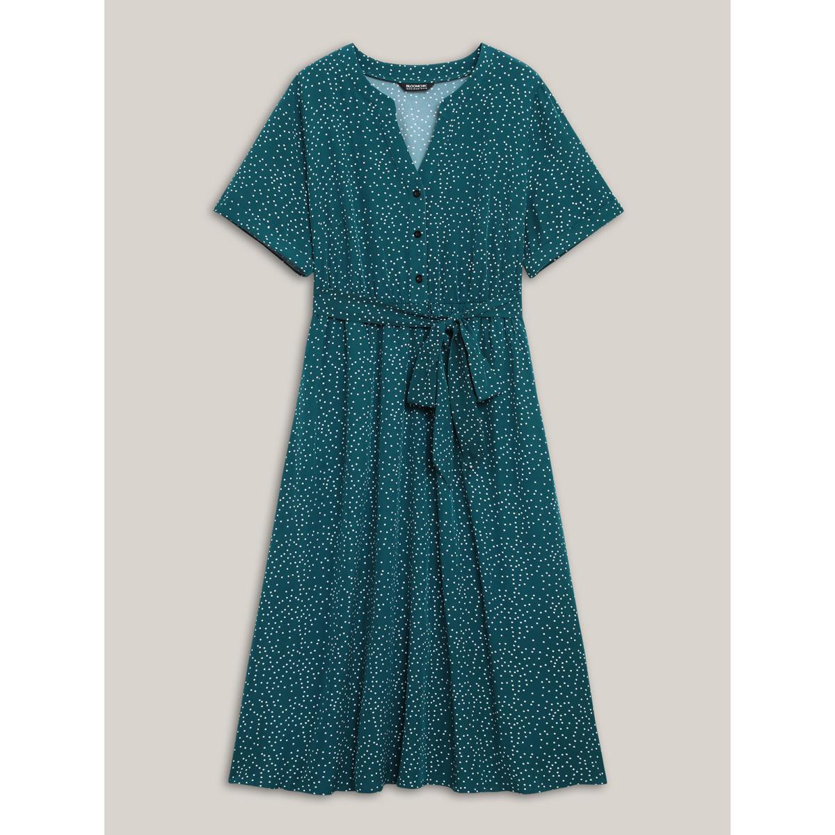 Plus Size Stretchy Waist Tied Pockets Printed Midi Dress Cyan Women At the Office Belted Flat collar Short sleeve Curvy BloomChic 26/4X Product Image