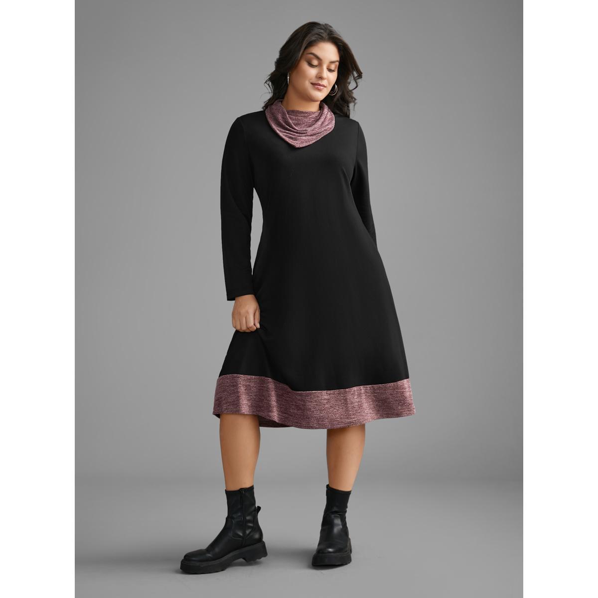 Plus Size Heather Patchwork Turtleneck Midi Dress Black Women Casual Contrast Ruffled collar Long Sleeve Curvy BloomChic 22-24/3X Product Image