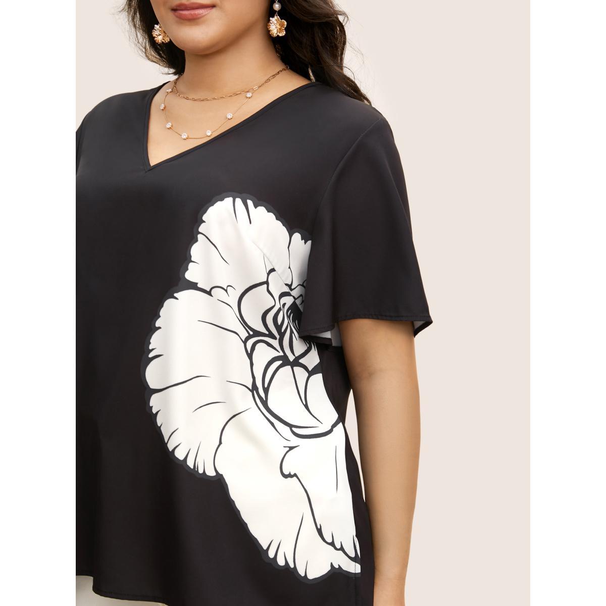 Plus Size Black Carnation Print Contrast Ruffle Sleeve Blouse Women Elegant Short sleeve V-neck Everyday Blouses BloomChic 12/L Product Image