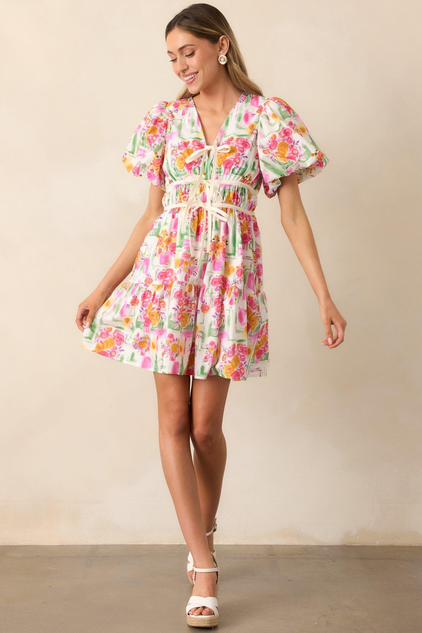Yours Truly Pink Floral Cotton Puff Sleeve Mini Dress Product Image