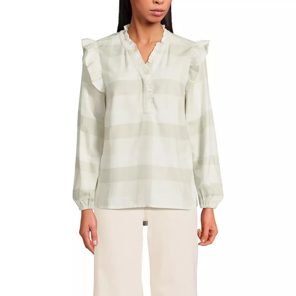Women's Lands' End Ruffle Front Flannel Popover Blouse, Size: XL, Deep Green Plaid Product Image