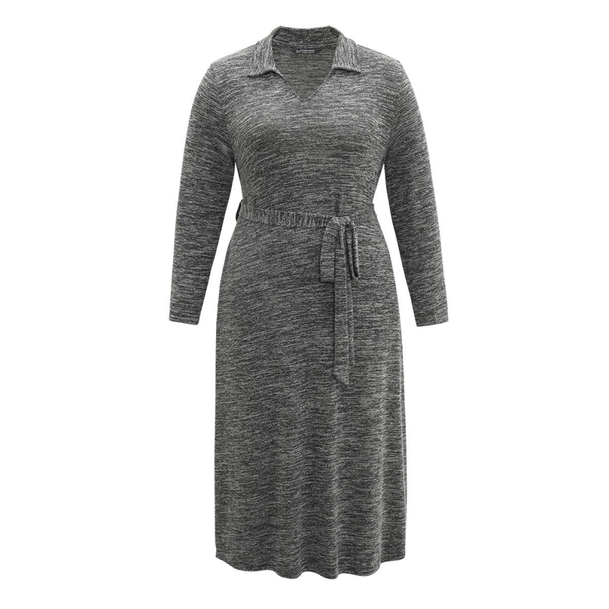 Plus Size Solid Pocket Elastic Waist Ties Split Hem Dress DimGray Women Casual Plain Lapel Collar Long Sleeve Curvy Midi Dress BloomChic 10/M Product Image