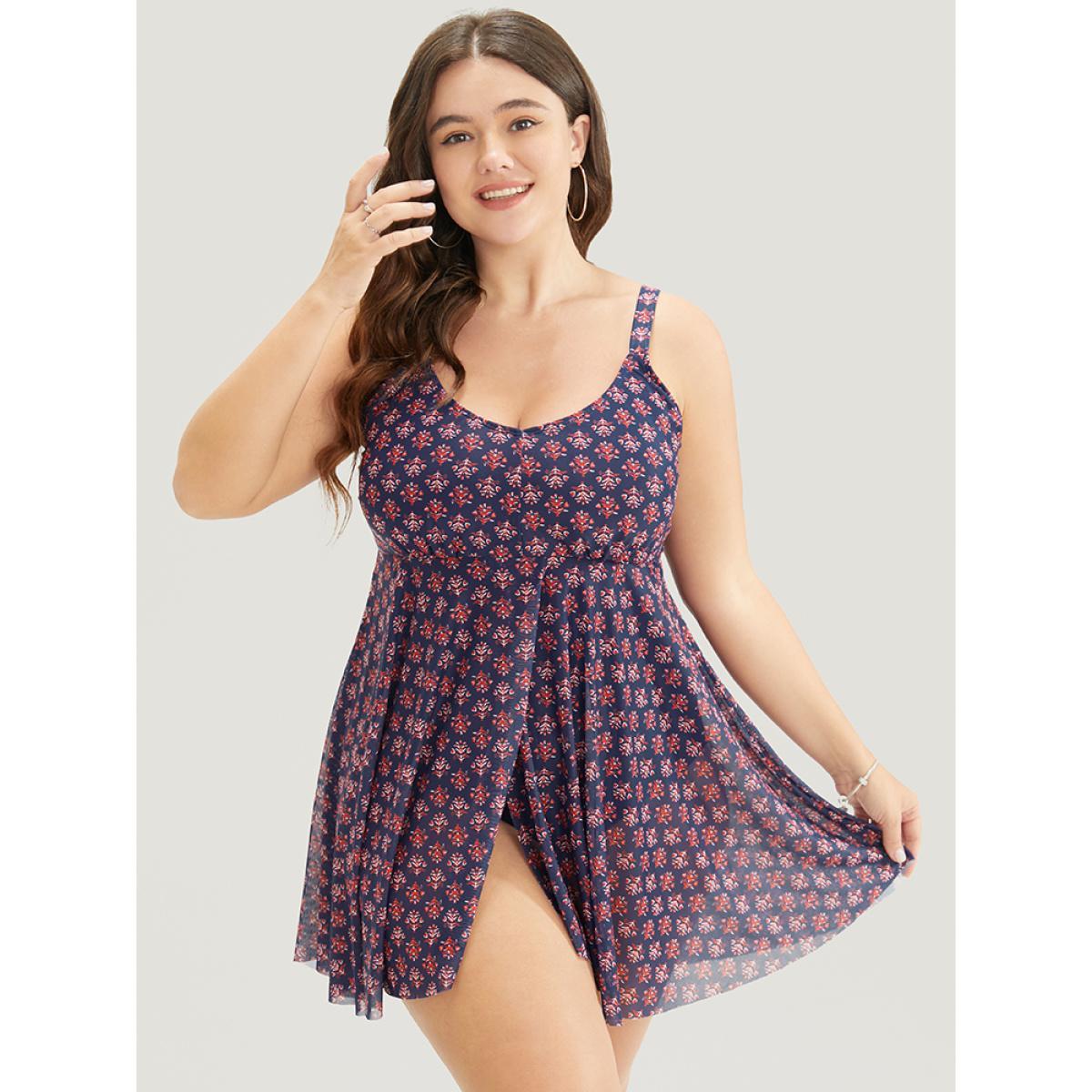 Plus Size Bandana Print Adjustable Straps Mesh Ruffles Swim Dress Women's Swimwear Red Vacation Bodycon High stretch Curve Swim Dresses BloomChic 14-16/1X Product Image