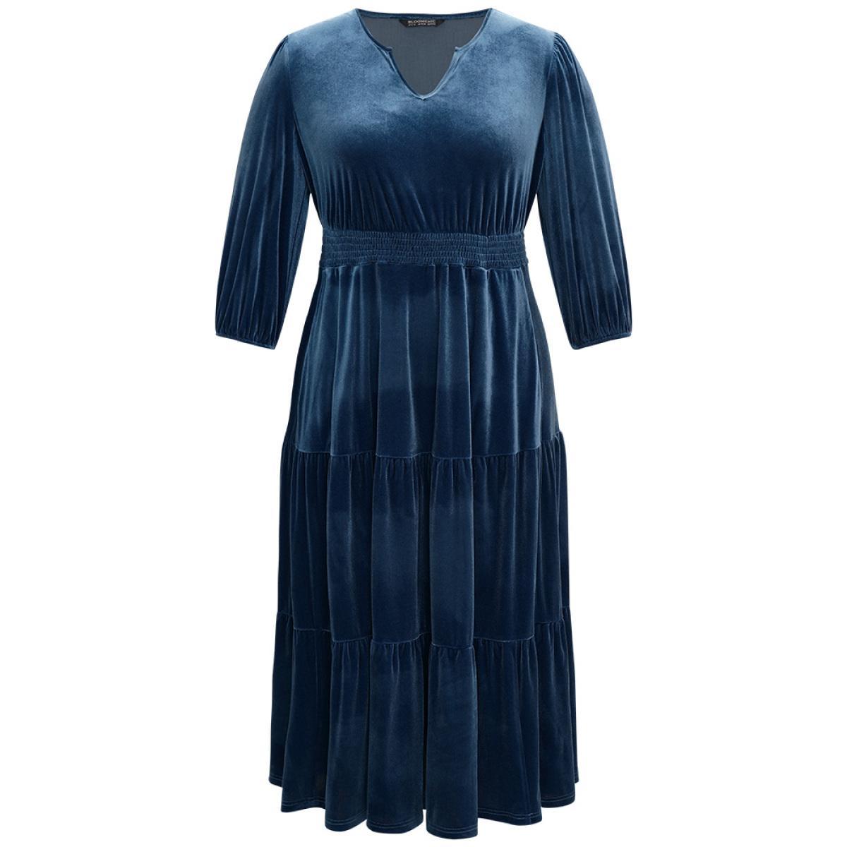 Plus Size Velvet Solid Notched Shirred Tiered Hem Dress Cerulean Women Vacation Elastic cuffs Notched collar Elbow-length sleeve Curvy Midi Dress BloomChic 28/5X Product Image