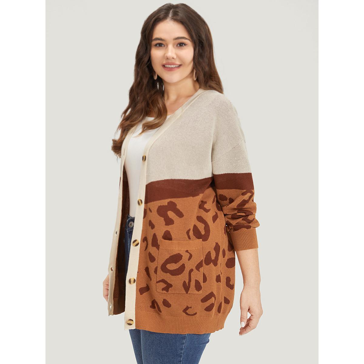 Plus Size Leopard Print Contrast Button Down Patched Pocket Cardigan Chocolate Women Casual Loose Long Sleeve Dailywear Cardigans BloomChic 18-20/2X Product Image