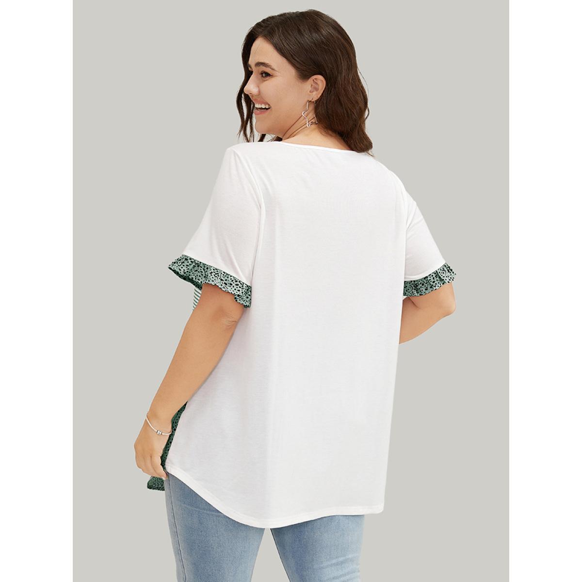 Plus Size Leopard & Striped Contrast Ruffle Sleeve Pocket T-shirt Mint Women Casual Contrast Colorblock Round Neck Dailywear T-shirts BloomChic 12/L Product Image