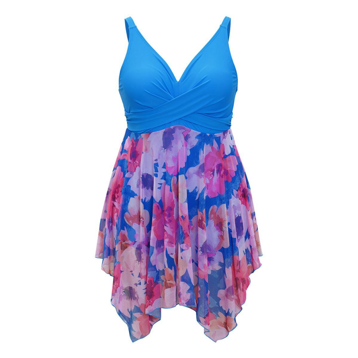 Plus Size Floral Patchwork Hanky Hem Crossover V Neck Swim Dress Women's Swimwear Cerulean Vacation Bodycon V-neck High stretch Curve Swim Dresses BloomChic 14-16/1X Product Image