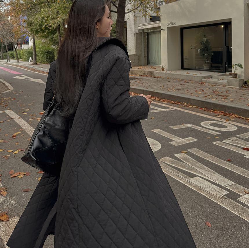 Long Sleeve Lapel Neck Quilted Belted Long Coat Product Image