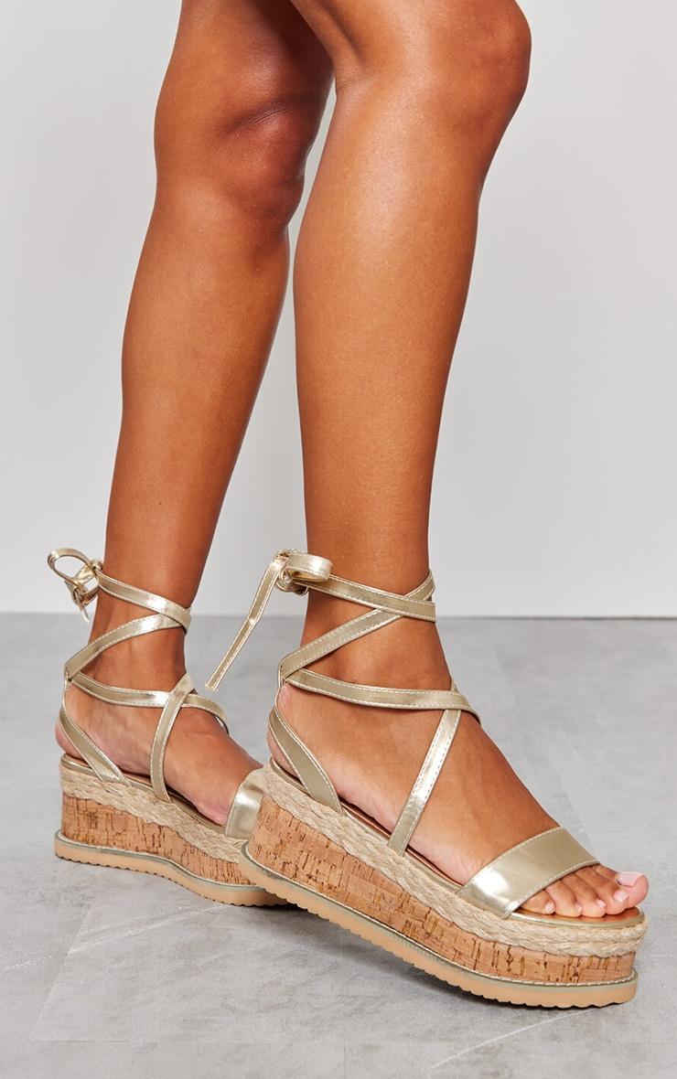 Gold Espadrille Lace Up Flatform Sandals Product Image