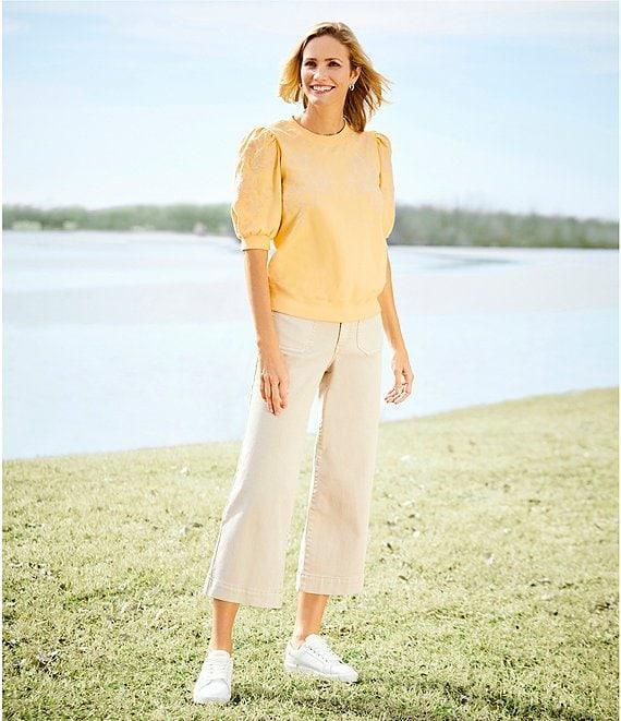 Nurture by Westbound Knit Crew Neck Floral Embroidered Elbow Sleeve Top Product Image