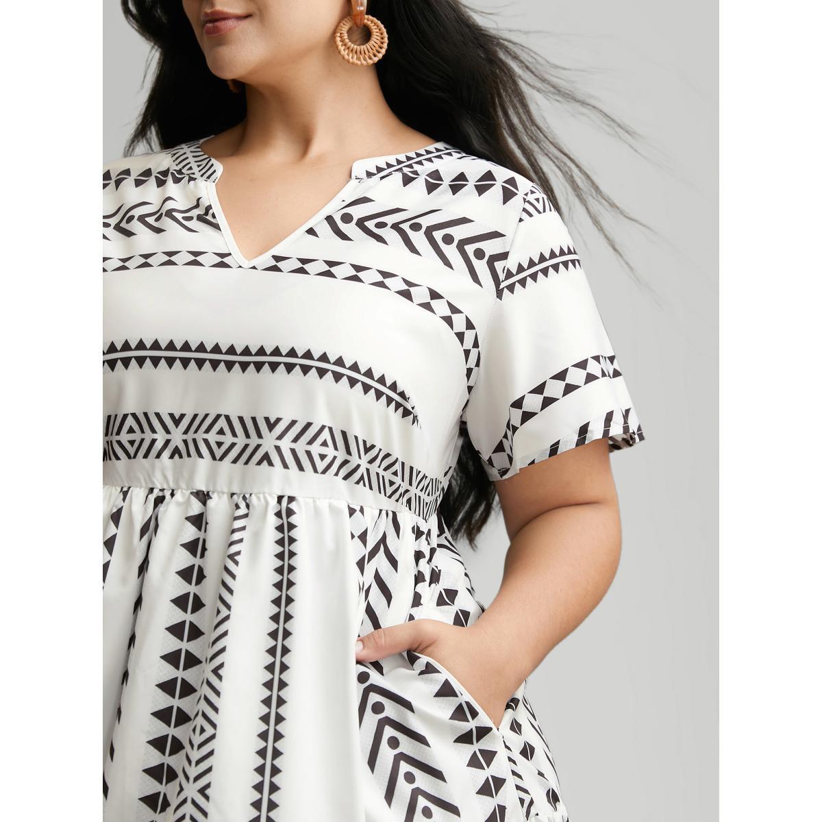 Plus Size Bandana Geometric Ruffle Sleeve Babydoll Dress White Women Vacation Notched collar Short sleeve Curvy Knee Dress BloomChic 10/M Product Image