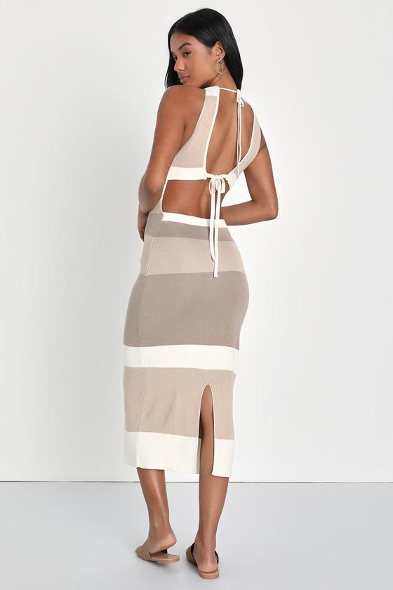 Chic Obsession Beige Striped Tie-Back Sleeveless Sweater Dress Product Image