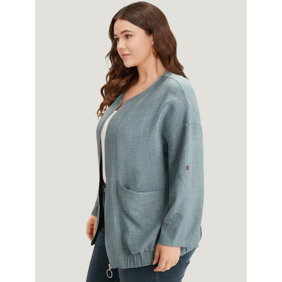 Plus Size Plain Pocket Zipper Tab Sleeve Jacket Women Aegean Zipper Pocket Dailywear Jackets BloomChic 22-24/3X Product Image