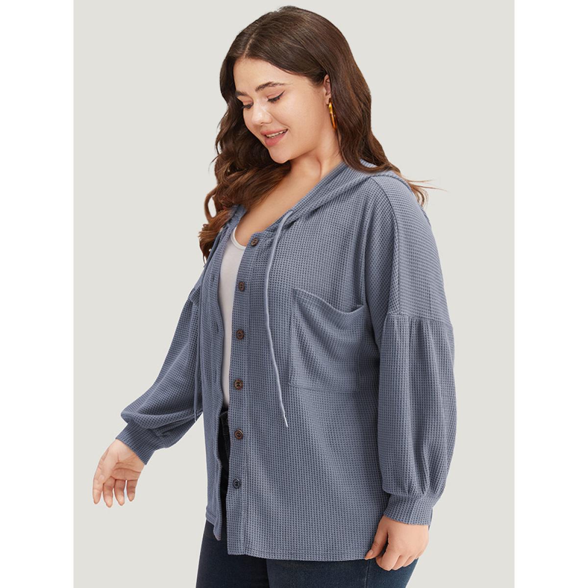 Plus Size Plain Texture Pocket Button Through Drawstring Hooded Jacket Women Stone Texture Pocket Dailywear Jackets BloomChic 30/6X Product Image