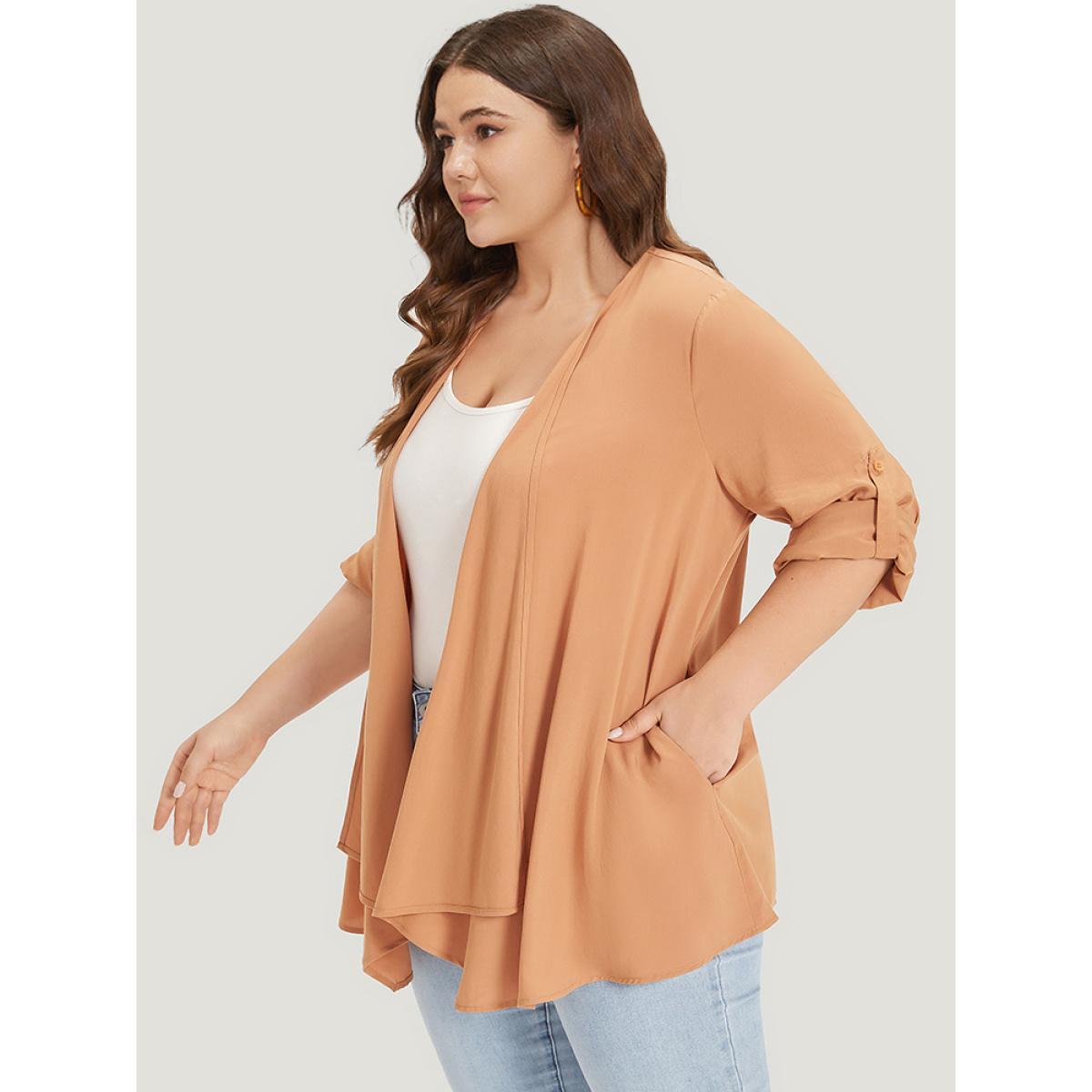 Plus Size Supersoft Essentials Plain Pocket Button Asymmetrical Hem Kimono Women Tan Casual Asymmetrical Pocket Dailywear Kimonos BloomChic 14-16/1X Product Image