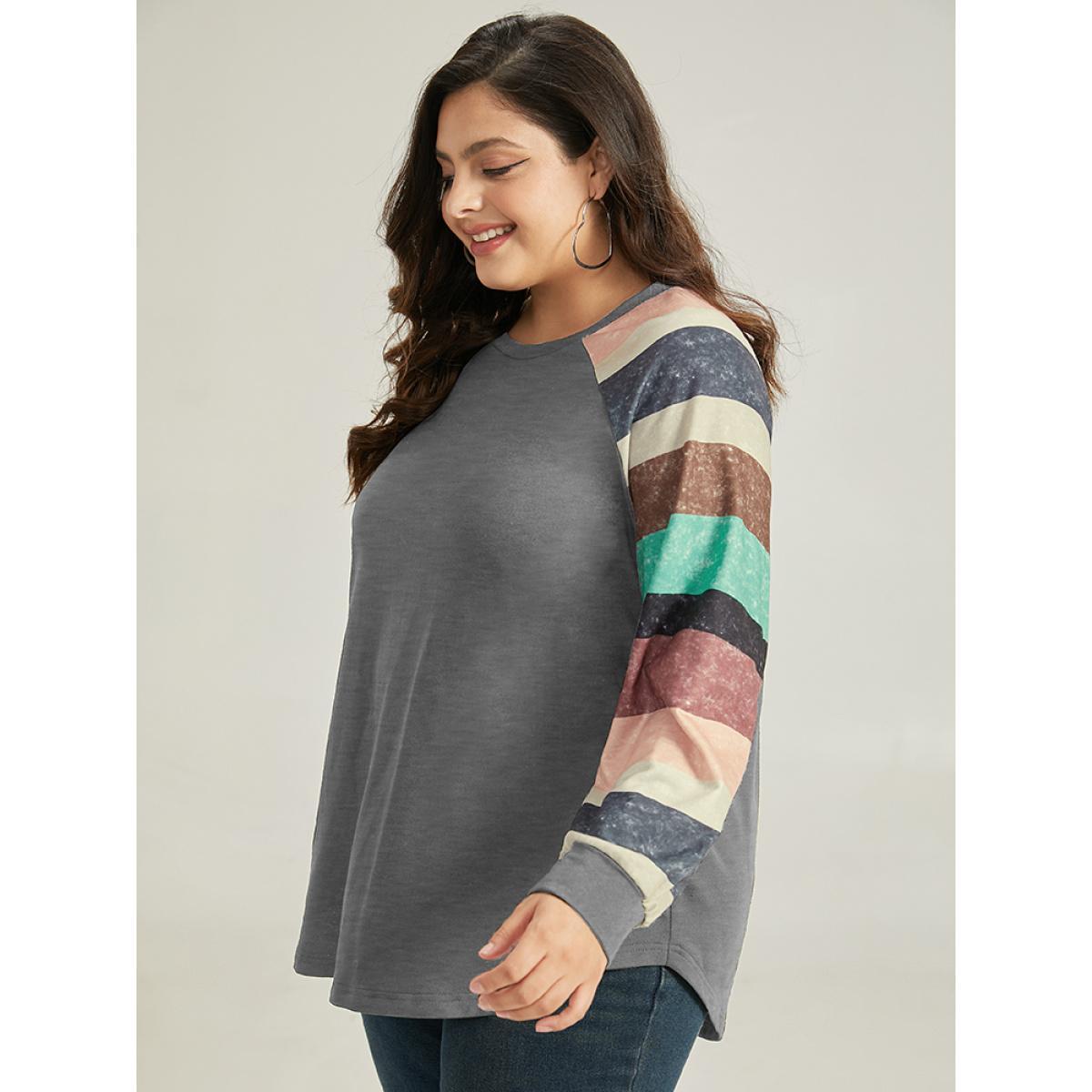 Plus Size Striped Patchwork Contrast Raglan Sleeve Sweatshirt Women Gray Casual Contrast Round Neck Dailywear Sweatshirts BloomChic 14-16/1X Product Image