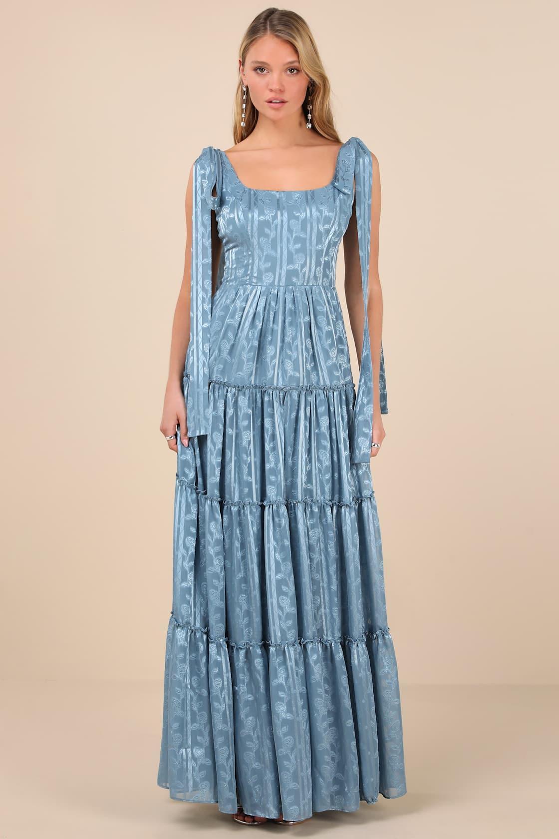 Picturesque Allure Slate Blue Jacquard Tie-Strap Maxi Dress Product Image