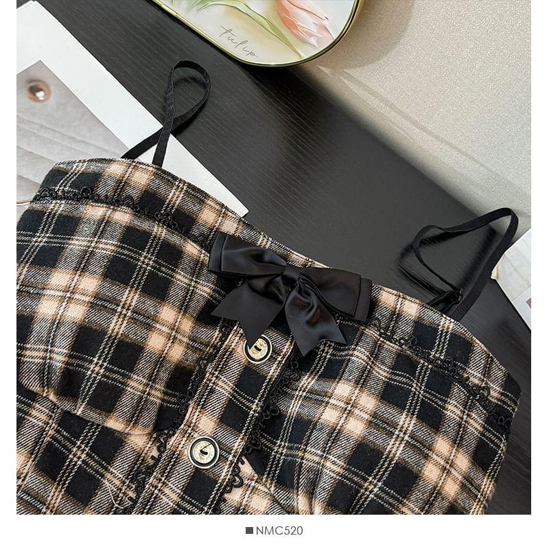 Lace-Trim Plaid Bustier Top with Pins Product Image