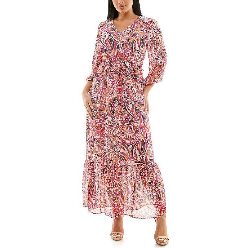 Women's Nina Leonard Chiffon Printed Maxi Dress, Size: Small, Red Team Product Image