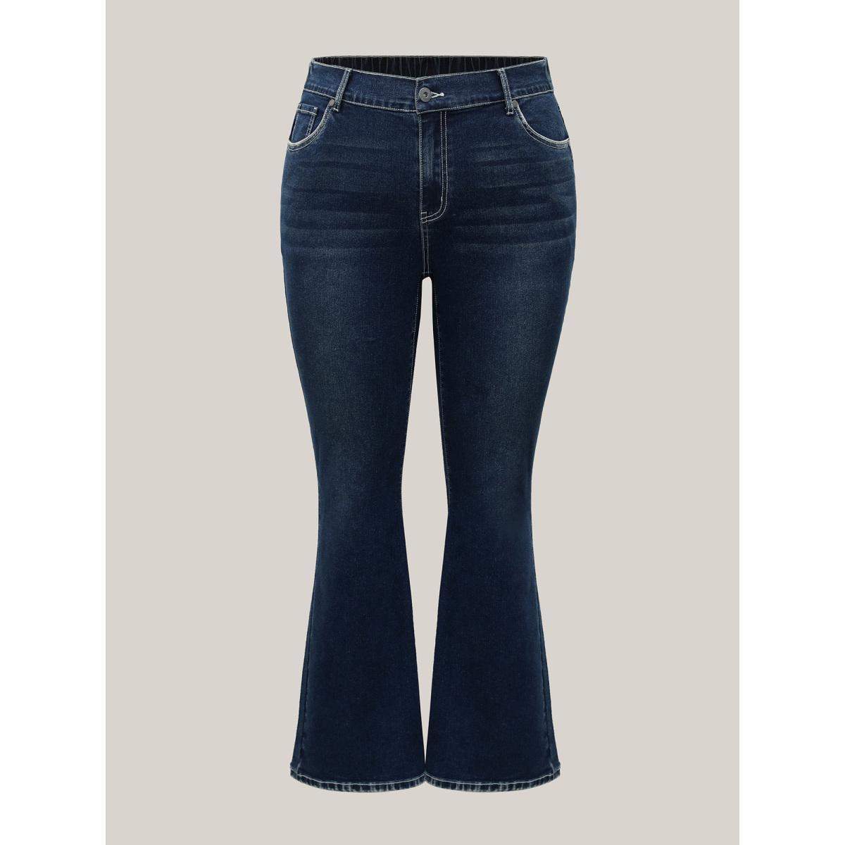 Plus Size Whiskered Stretchy Waist Bootcut Jeans Women Darkindigo Elegant Button Medium stretch Slanted pocket Jeans BloomChic 20/2X Product Image