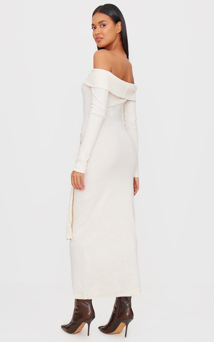 Cream Heavy Brushed Rib Bardot Wrap Detail Maxi Dress Product Image