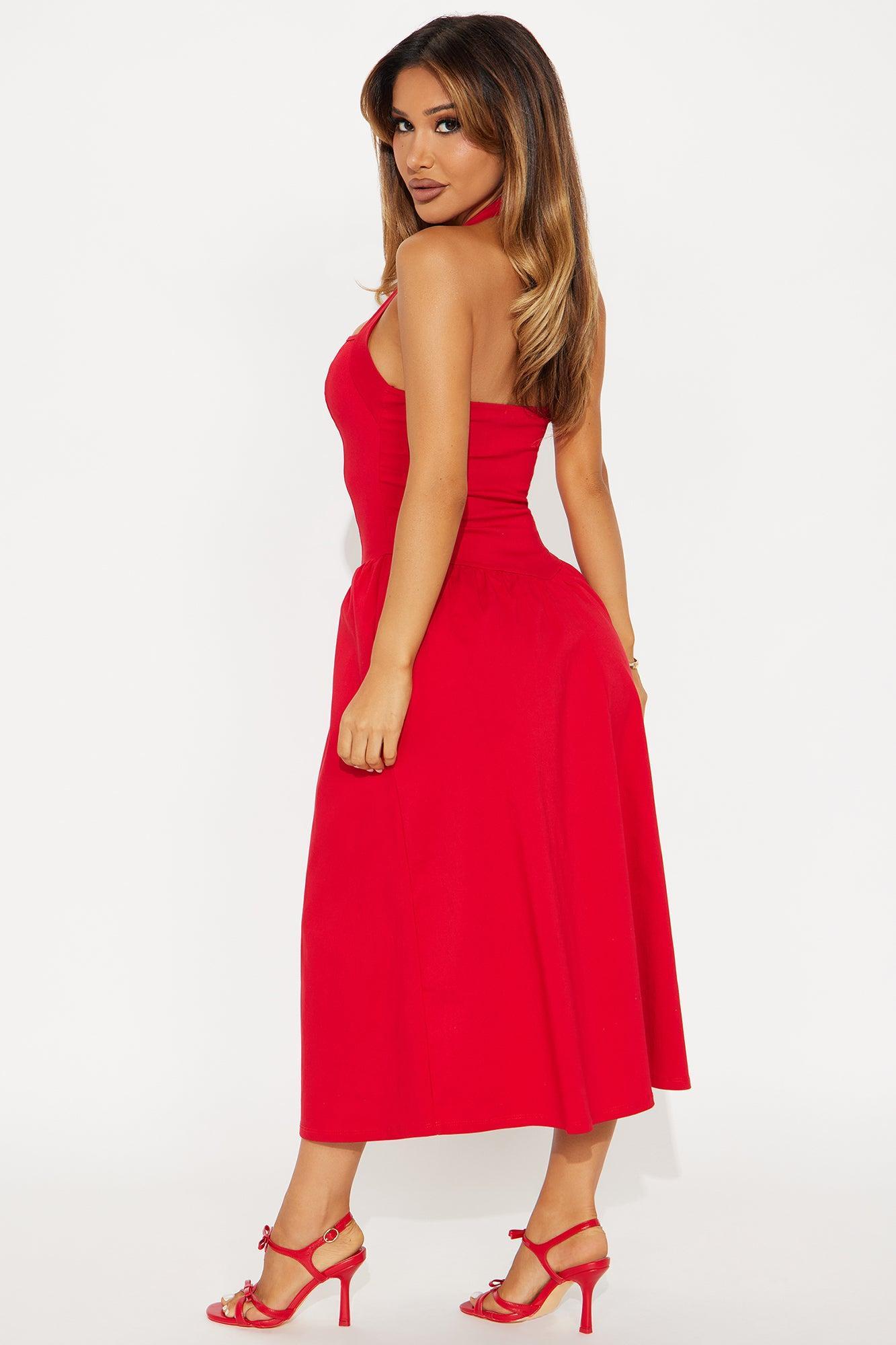 Phoebe Halter Midi Dress - Red Product Image
