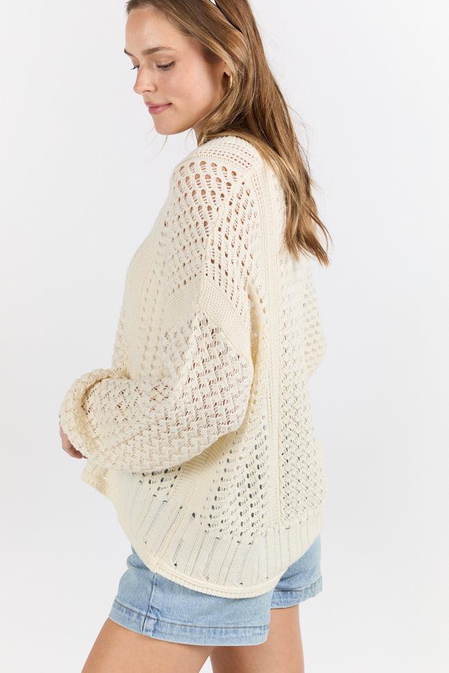 Morning Markets Cream Open Knit V-Neck Sweater Product Image