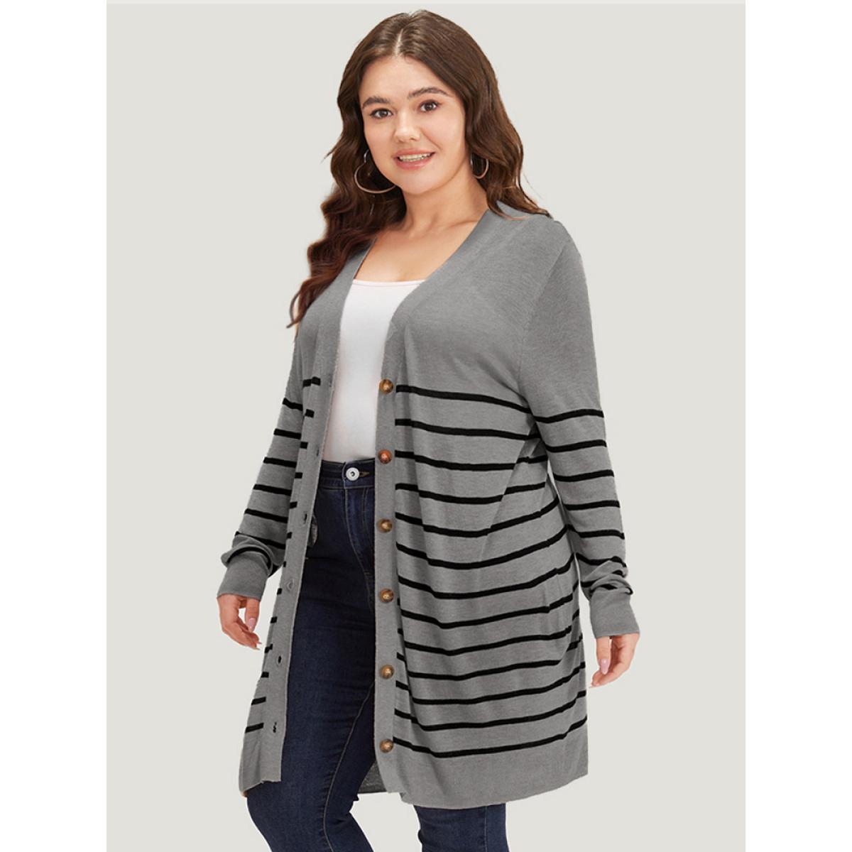 Plus Size Supersoft Essentials Striped Button Fly Tunic Cardigan Gray Women Casual Loose Long Sleeve Dailywear Cardigans BloomChic 18-20/2X Product Image