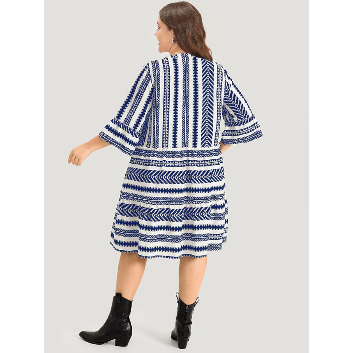 Plus Size Bandana Striped Pocket Button Detail Notched Patchwork Dress DarkBlue Women Vacation Printed V-neck Elbow-length sleeve Curvy Midi Dress BloomChic 22-24/3X Product Image