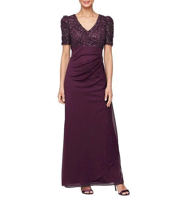 Alex Evenings Short Sleeve V-Neck Soutache Bodice Cascade Ruddle Dress Product Image