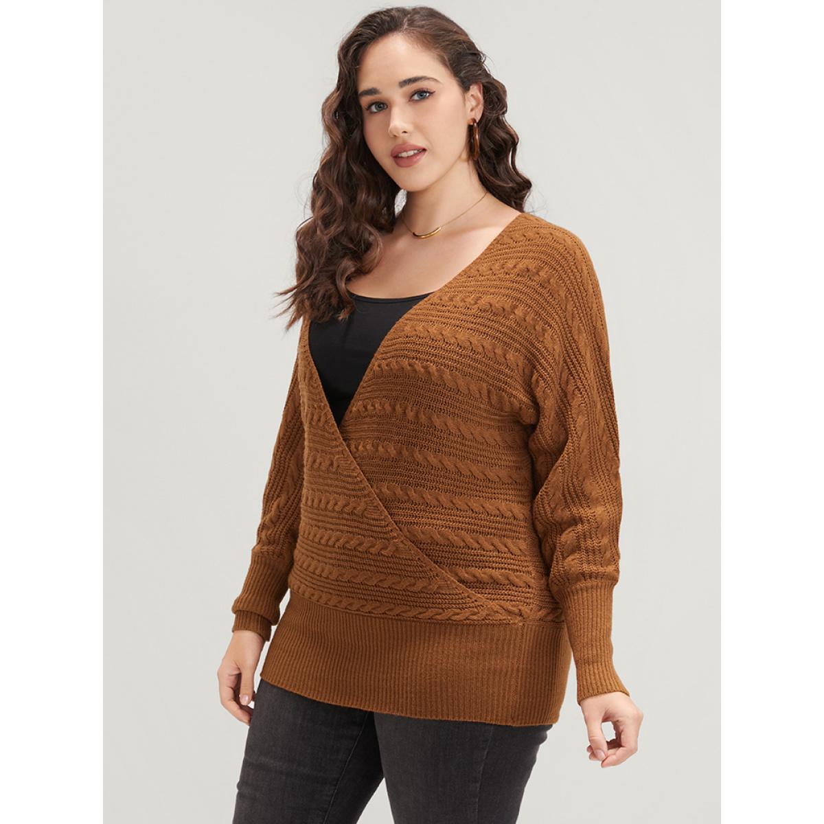 Plus Size Solid Pointelle Knit Dolman Sleeve Surplice Neck Knit Top Bronze Women Casual Loose Long Sleeve V-neck Dailywear Pullovers BloomChic 10/M Product Image