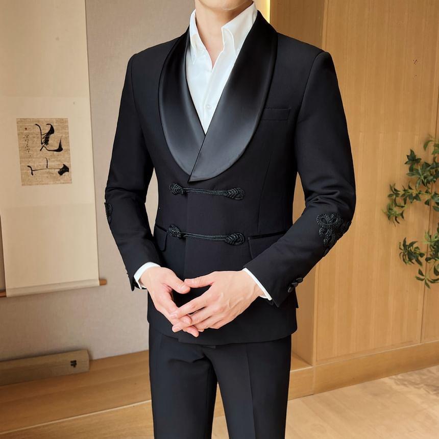 Set: Shawl Collar Plain Double Breasted Blazer + Mid Rise Plain Wide Leg Dress Pants Product Image