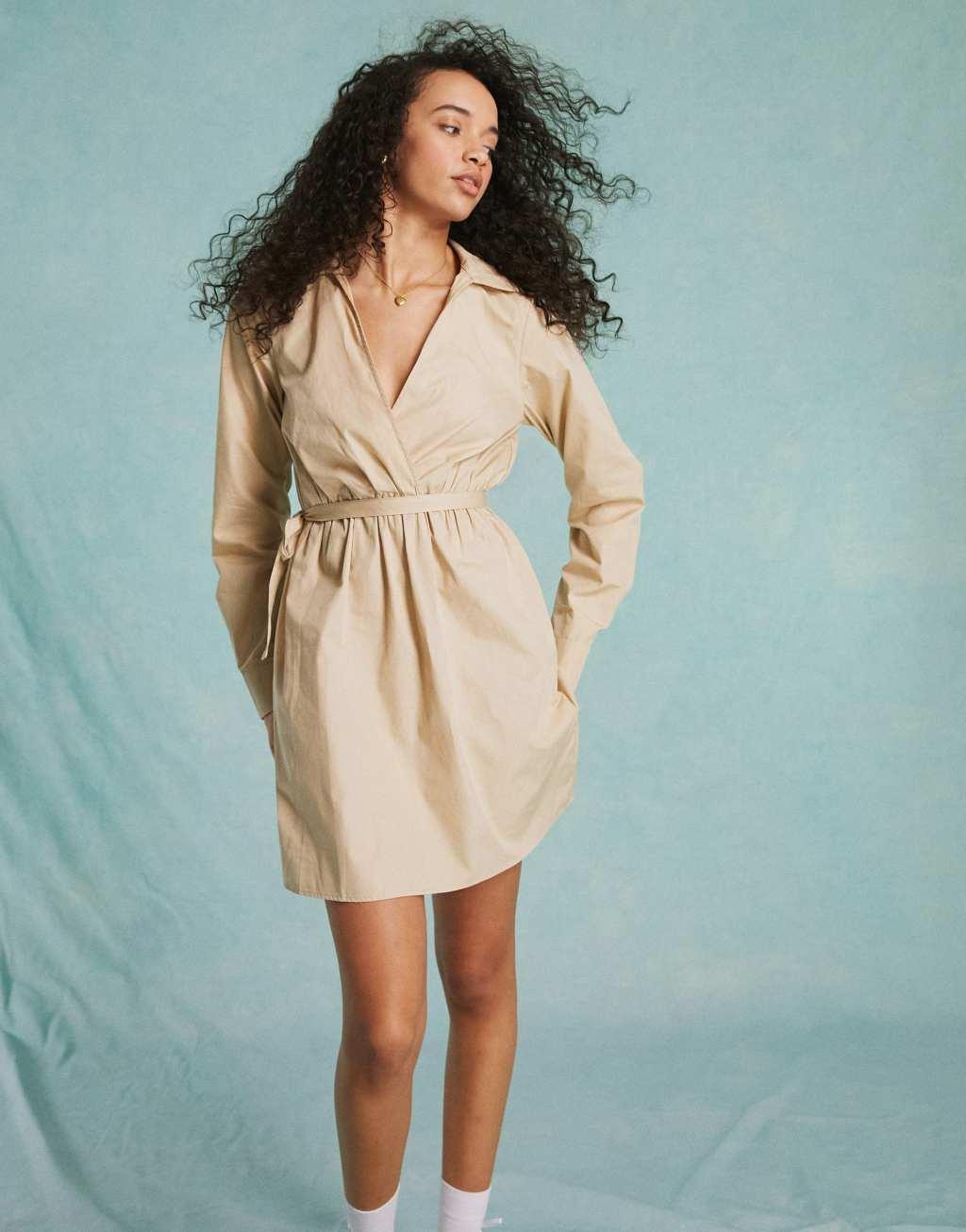Miss Selfridge poplin ballet wrap mini shirt dress Product Image