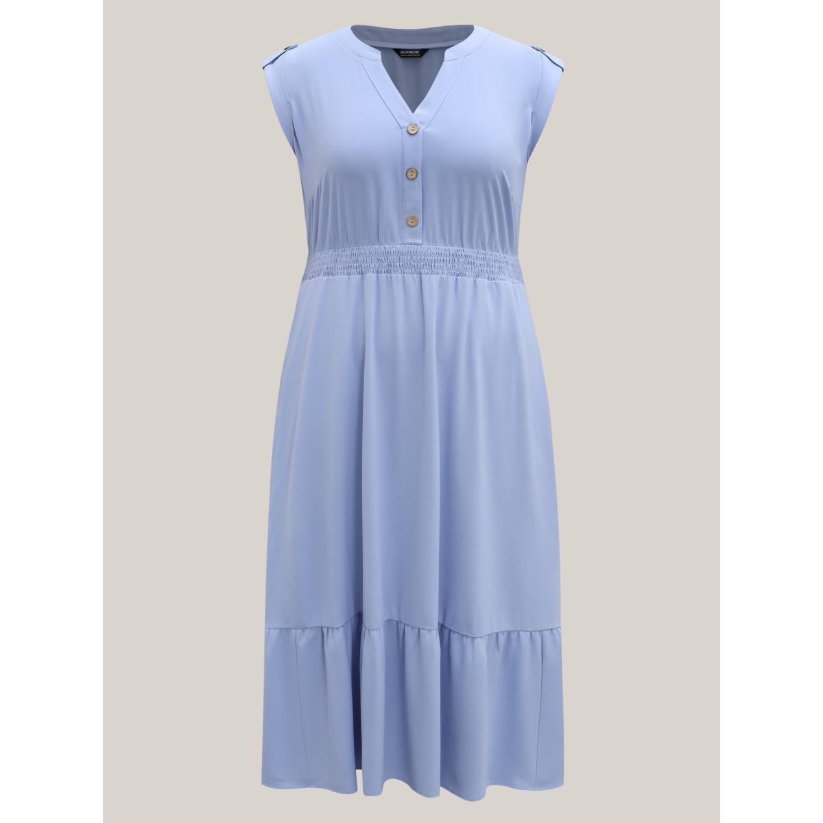 Plus Size Shirred Waist Button Detail Pockets Midi Dress LightBlue Women Notched collar Cap Sleeve Curvy BloomChic 26/4X Product Image