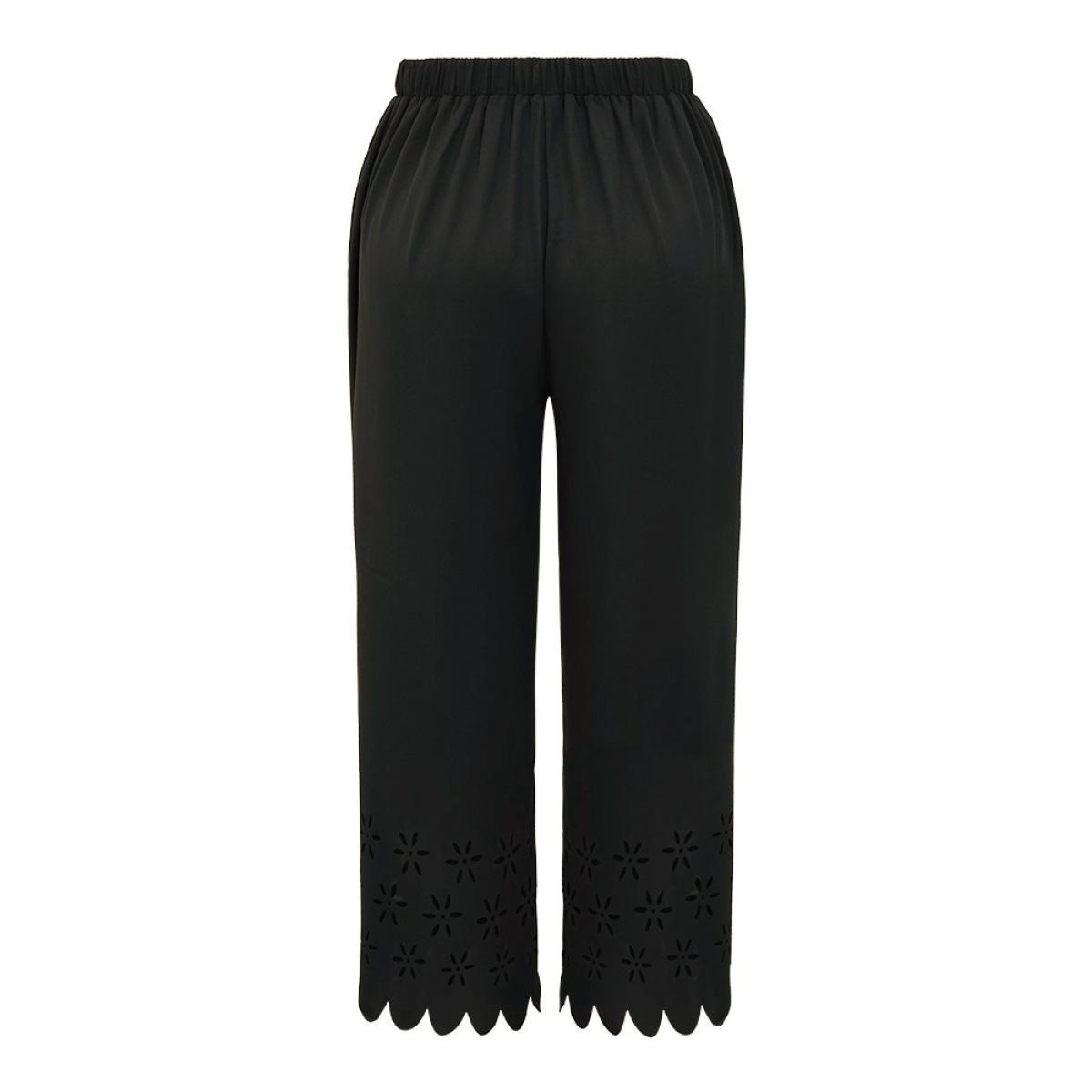 Plus Size Plain Pocket Laser Cut Pants Women Black Elegant Straight Leg High Rise Dailywear Pants BloomChic 12/L Product Image