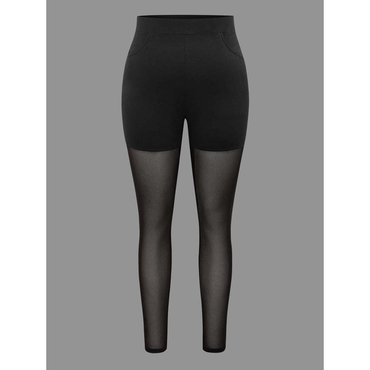 Plus Size Mesh Patchwork Mid Rise Slim-Fit Leggings Women Black Elegant High stretch Skinny Mid Rise Everyday Leggings BloomChic 10/M Product Image