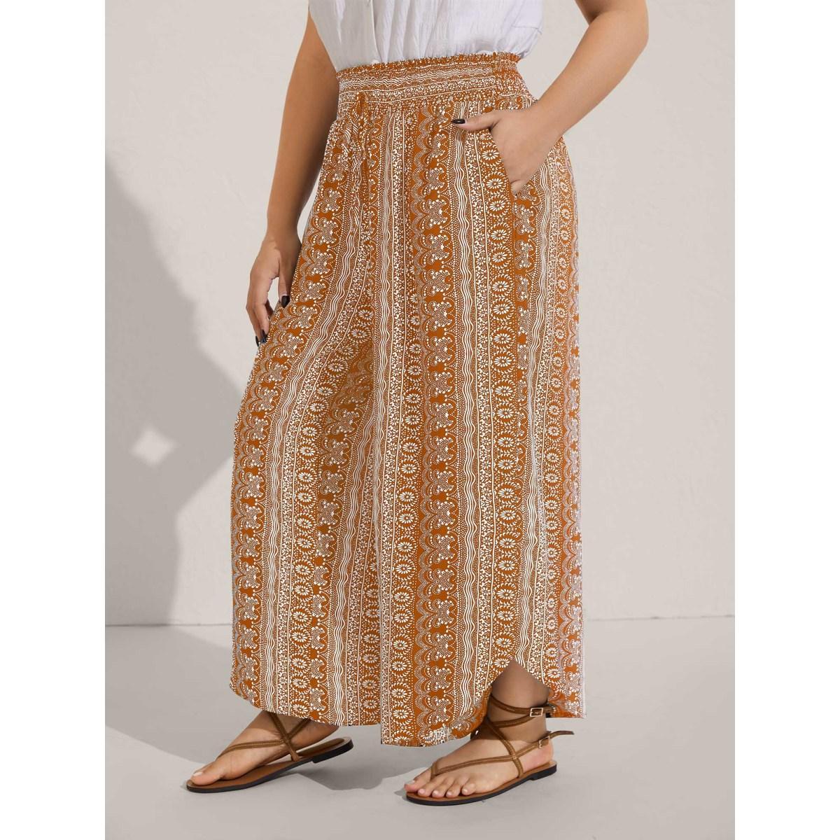 Plus Size Boho Print Shirred Waist Wide-Leg Pants Women Yellowishbrown Resort Wide Leg Mid Rise Vacation Pants BloomChic 30/6X Product Image