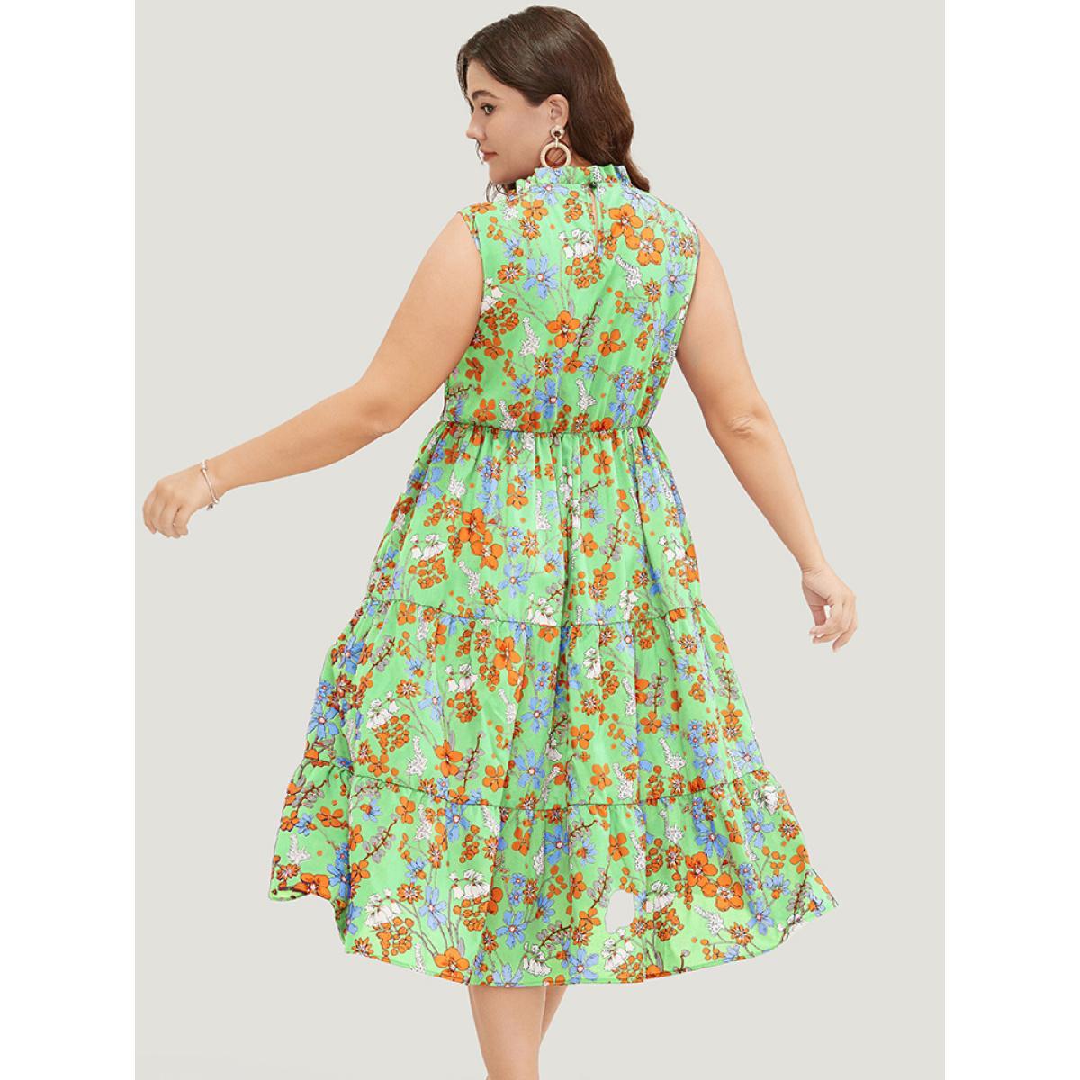 Plus Size Floral Shirred Mock Neck Cut Out Pocket Ruffle Hem Dress LightGreen Women Elegant Frill Trim Mock Neck Sleeveless Curvy Midi Dress BloomChic 10/M Product Image