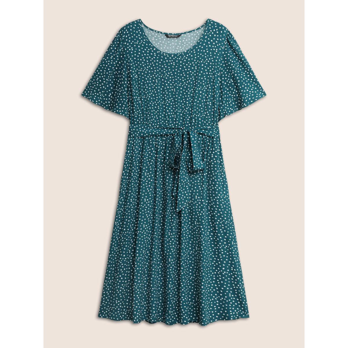 Plus Size Polka Dot Belted Flutter Sleeve Crew Neck Dress Teal Women Elegant Non Round Neck Short sleeve Curvy Midi Dress BloomChic 10/M Product Image