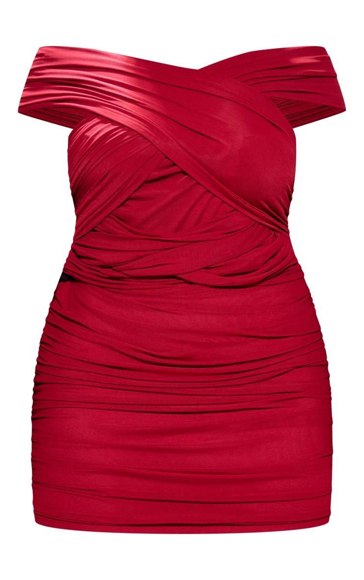 Plus Cherry Red Mesh One Shoulder Detail Ruched Bodycon Dress Product Image