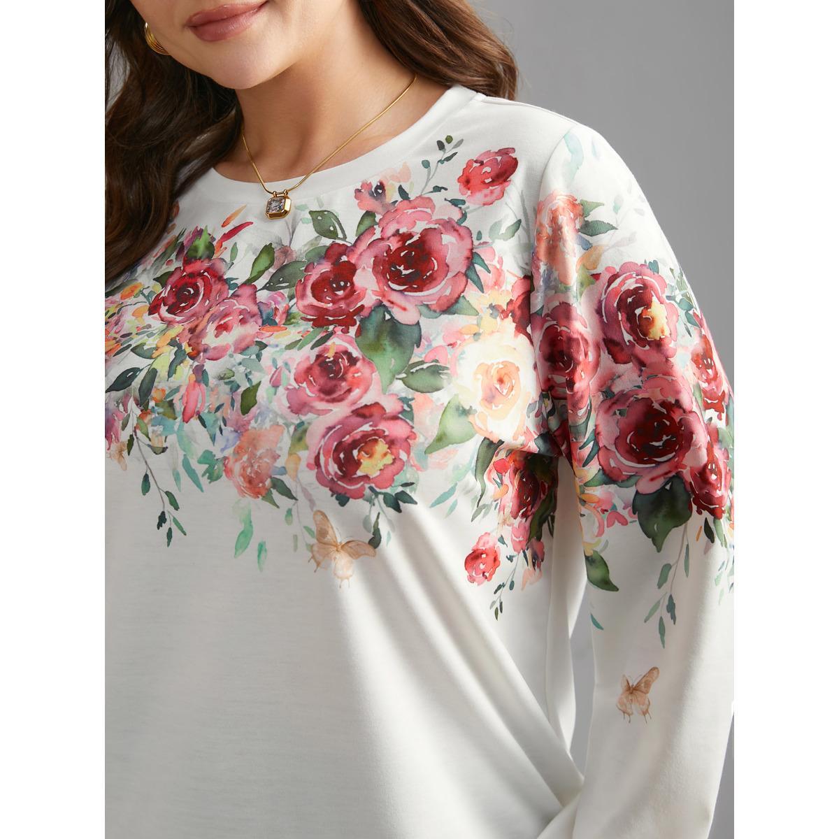 Plus Size Watercolor Floral Print Round Neck Sweatshirt Women WhiteSmoke Elegant Contrast Loose Round Neck Everyday Sweatshirts BloomChic 28/5X Product Image