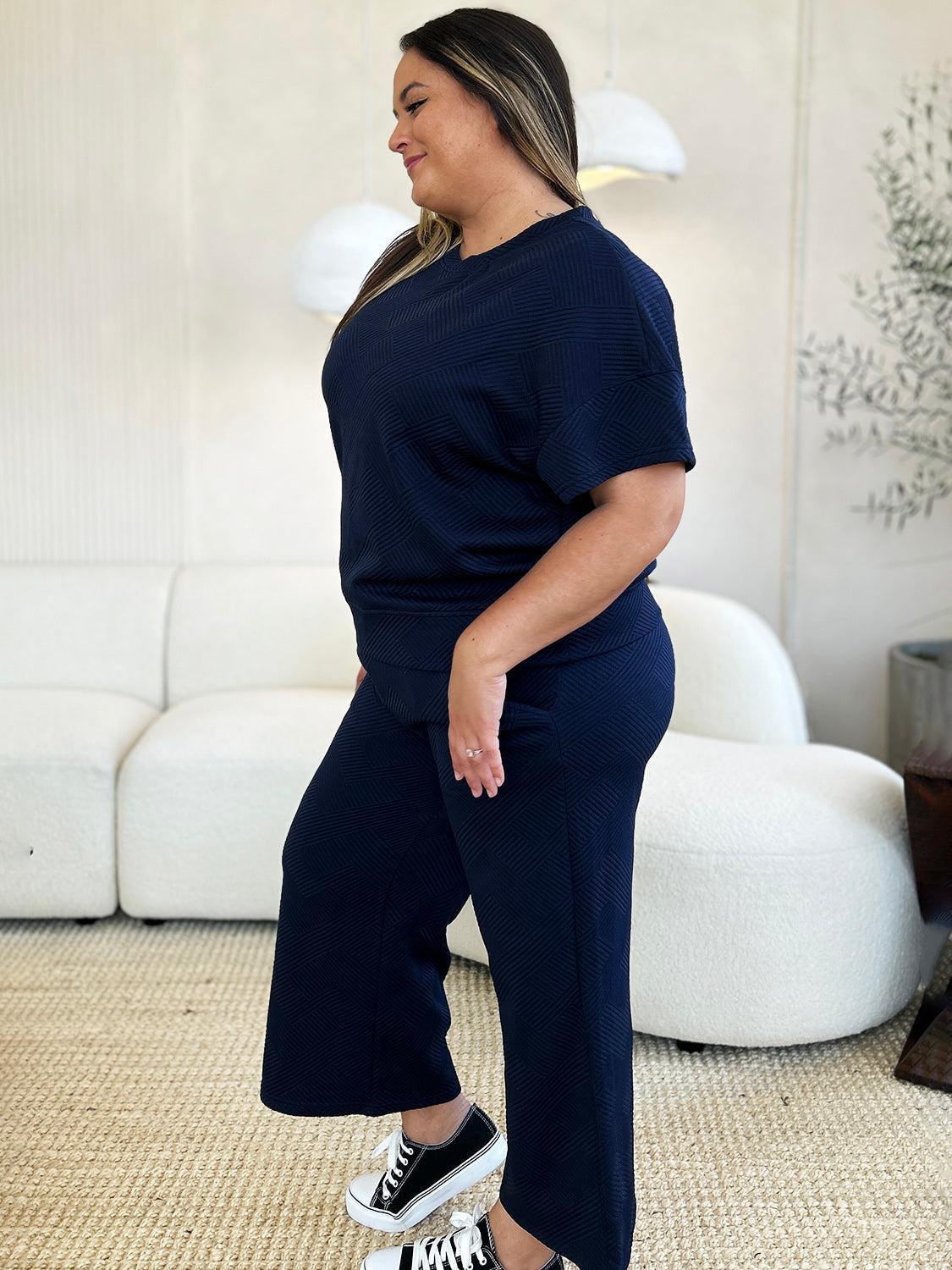 Double Take Full Size Texture Short Sleeve Top and Pants Set Product Image